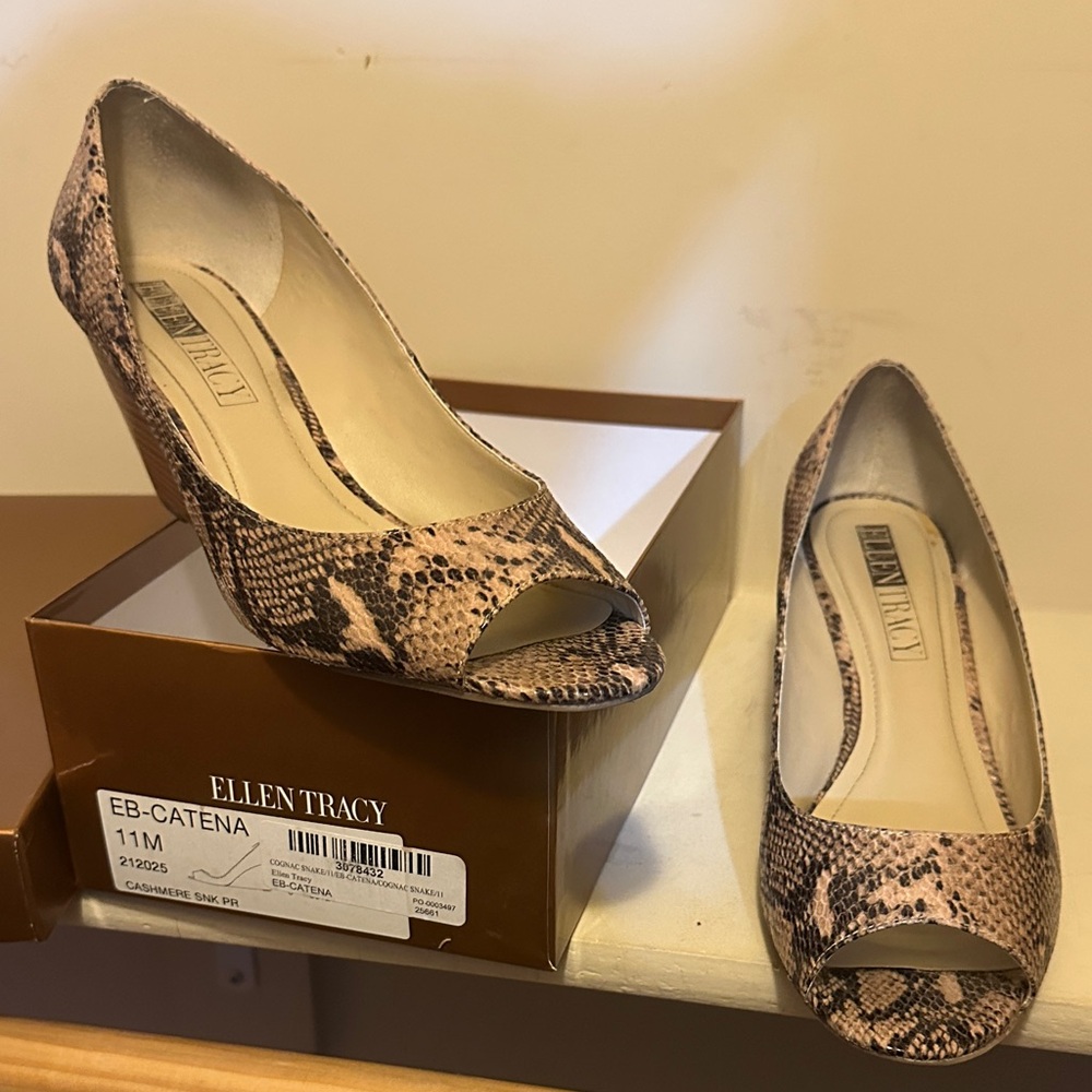Ellen Tracy Snake Print Peep Toe Wedge Heels